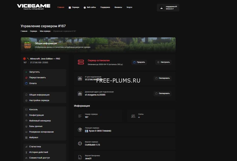 Панель управления игровым хостингом ViceGame.ru